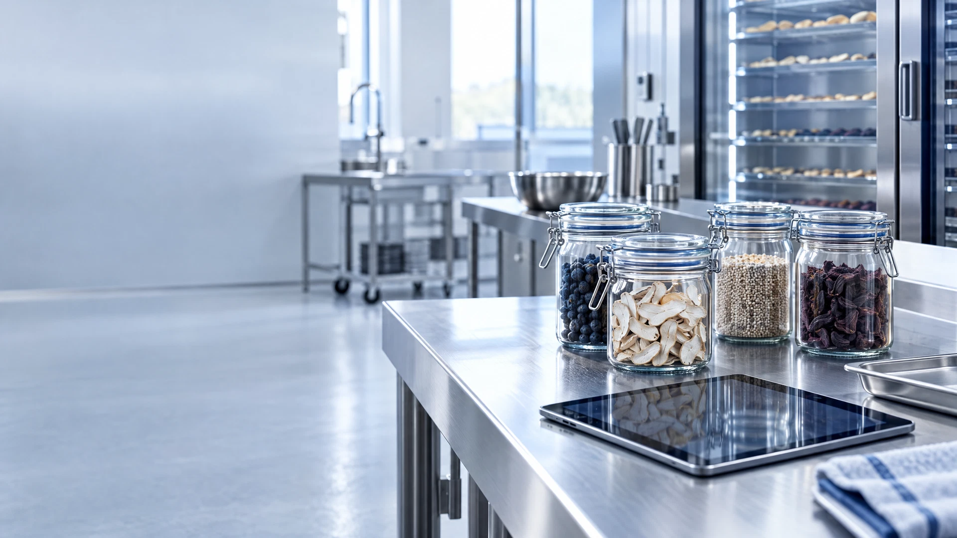 Atelier alimentaire contemporain aux tonalités gris bleu avec espace de production soigné